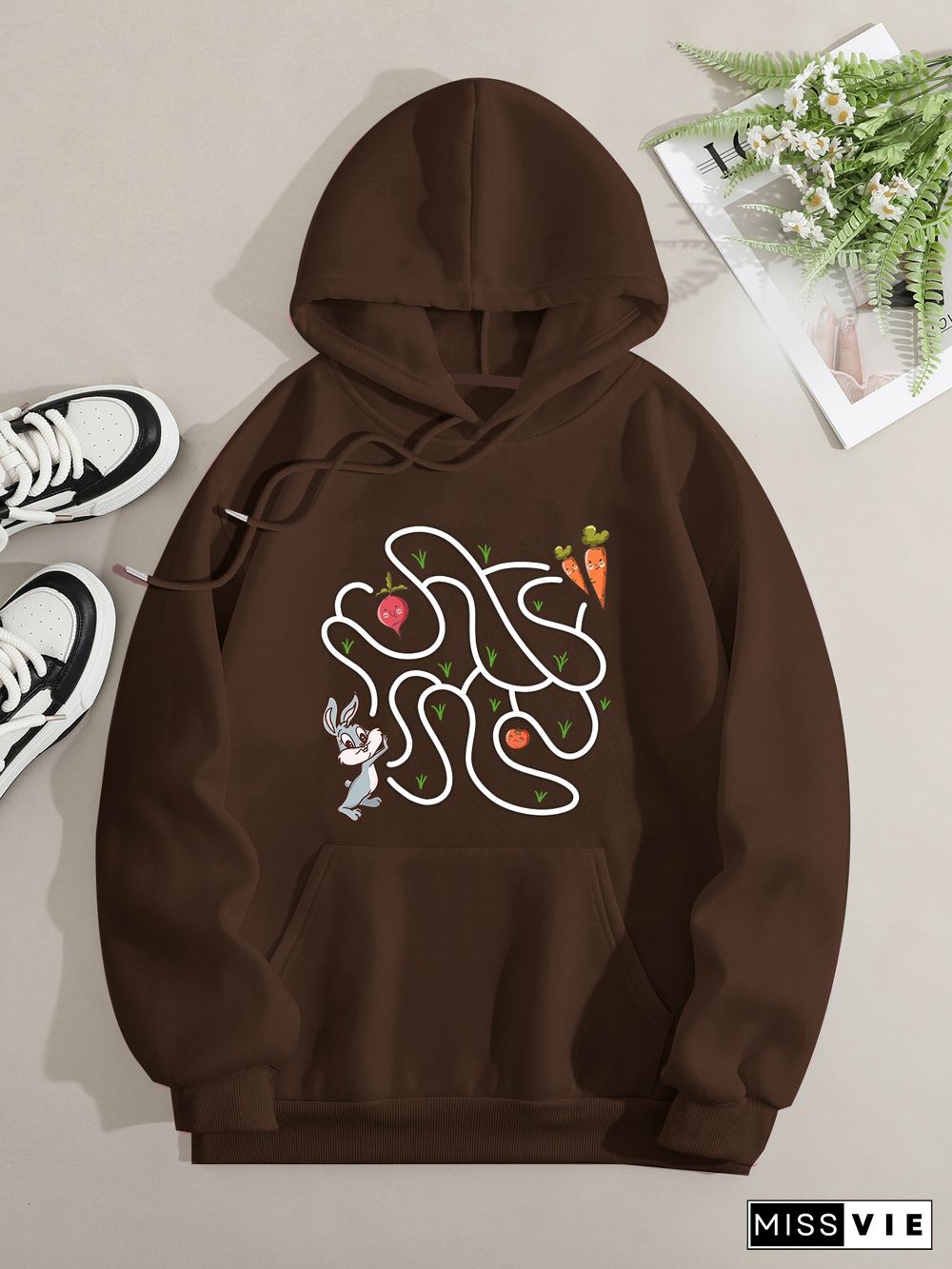 Printed on front Kangaroo Pocket Hoodie Long Sleeve for Women Pattern Rabbit