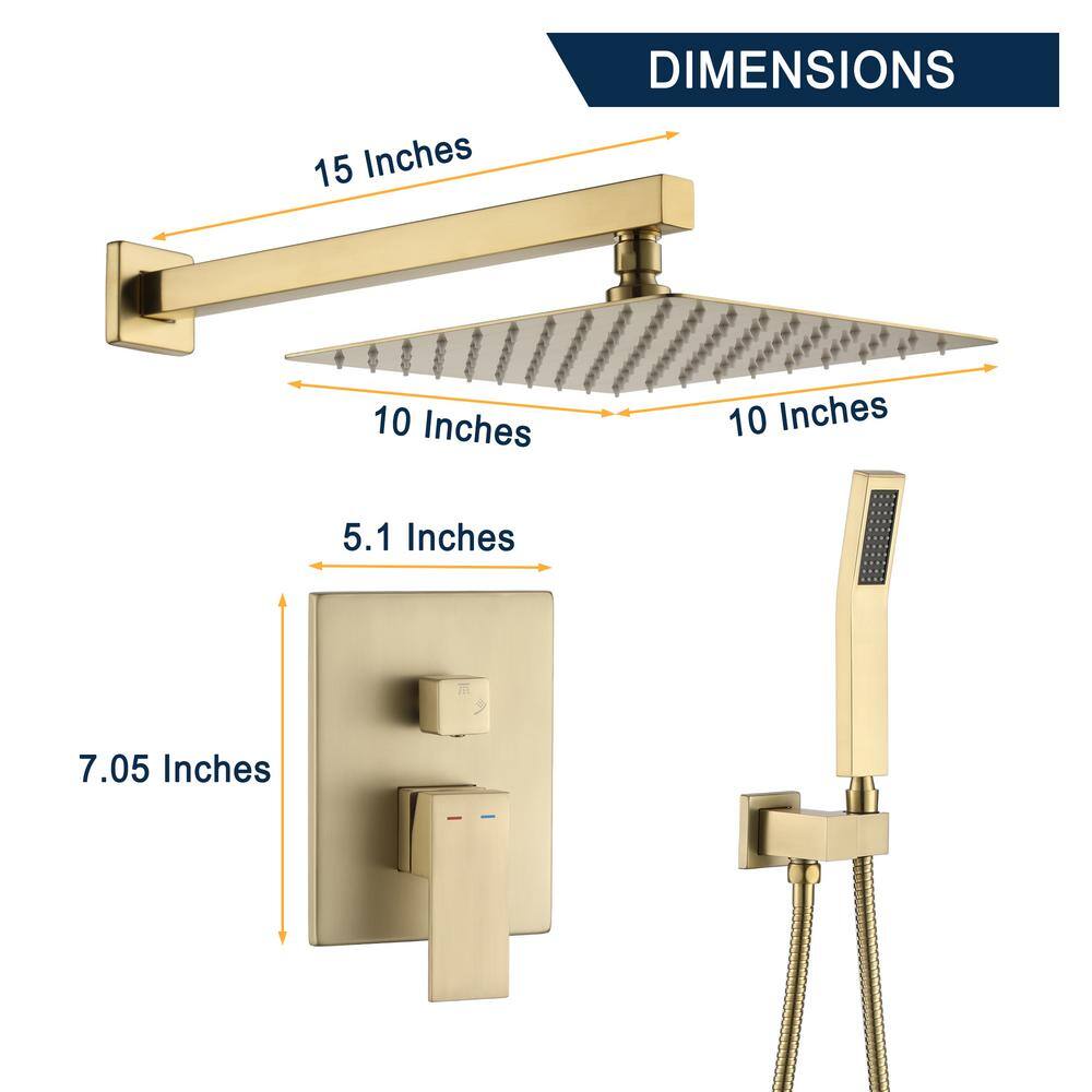 Boyel Living 2-Spray Patterns 10 in. Wall Mount Fixed Shower Head Bathroom Shower System in Brushed Gold RB0741