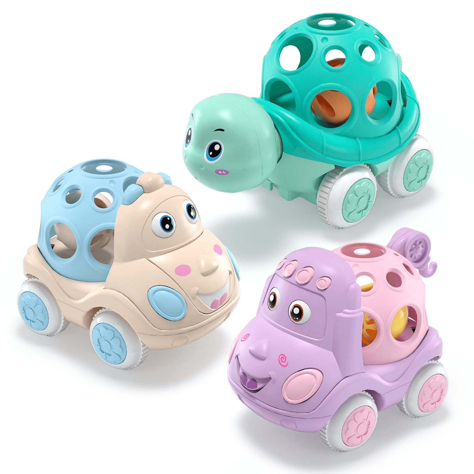 Children's Rattles and Rolling Cars， Baby Car Toys for 6-12 Months， 3 Pieces of Push-Pull Toys with Soft Rubber Rattles (Random Color)