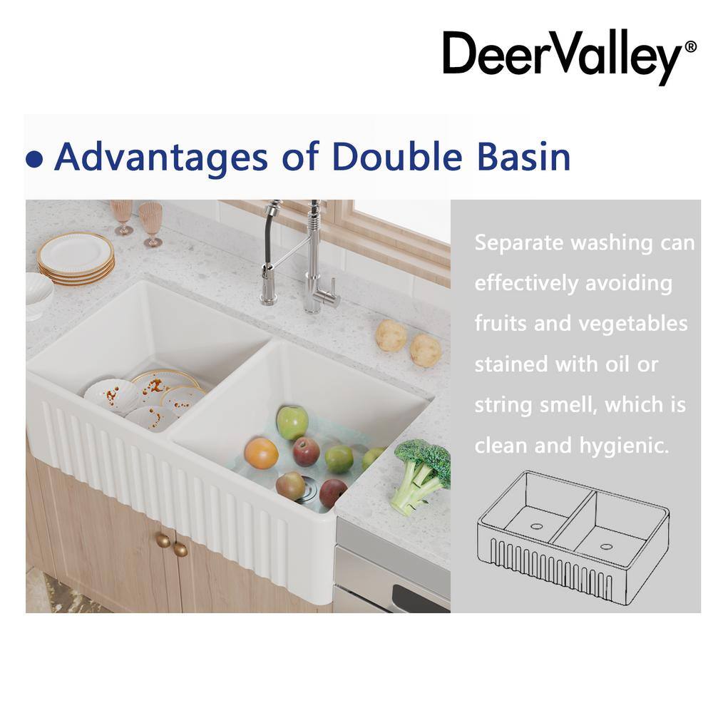 DEERVALLEY Eclipse White Ceramic 33 in. L 5050 Rectangular Double Basin Farmhouse Apron Kitchen Sink with Grid and Strainer DV-1K028