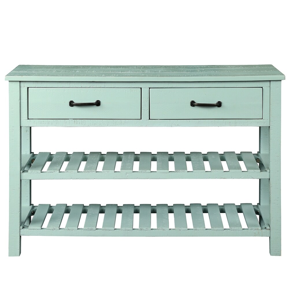 Rectangular Console Table with Clean Lines   with Two Open Slatted Shelves   Two Drawers