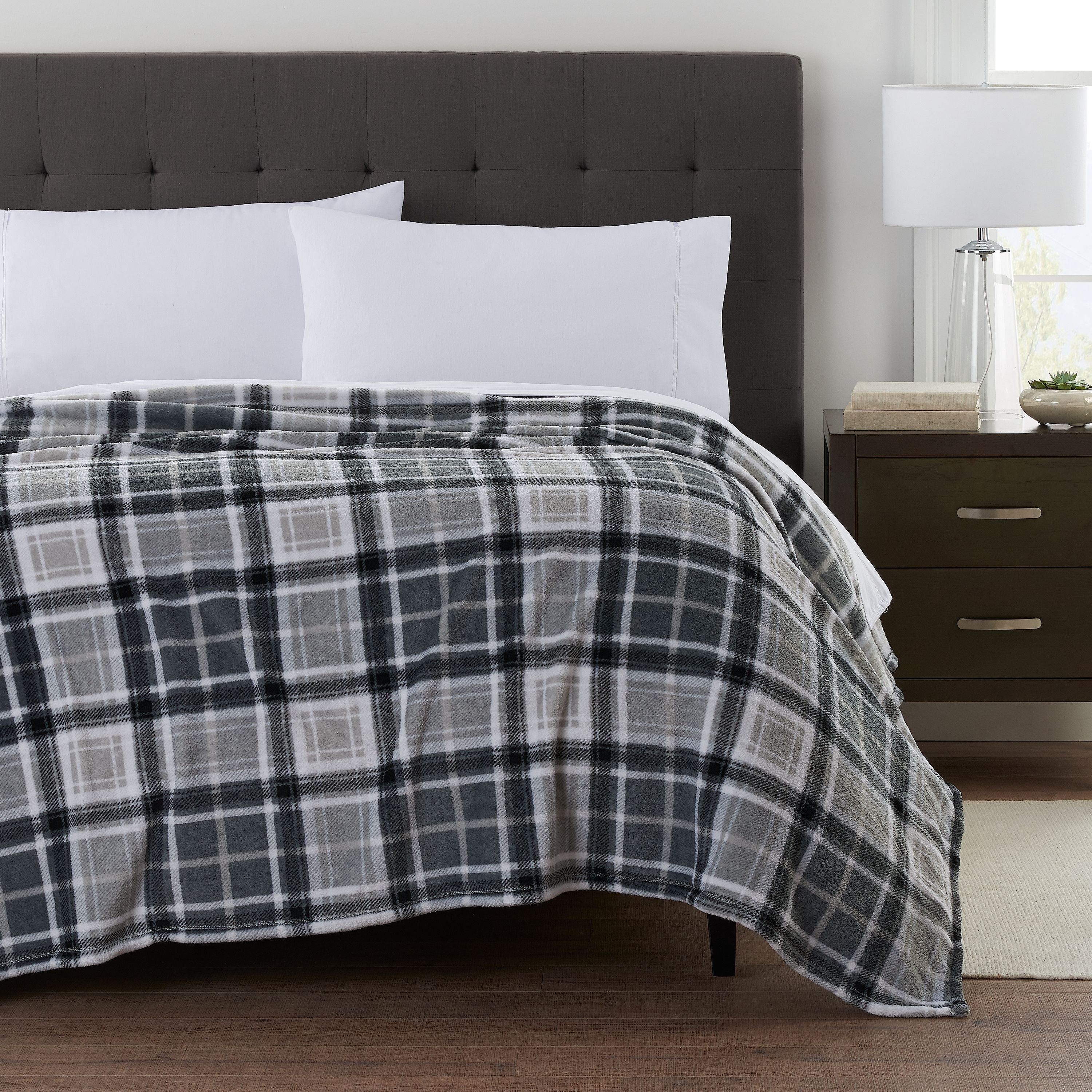 Mainstays Super Soft Plush Blanket， Full/Queen， Light Grey Plaid