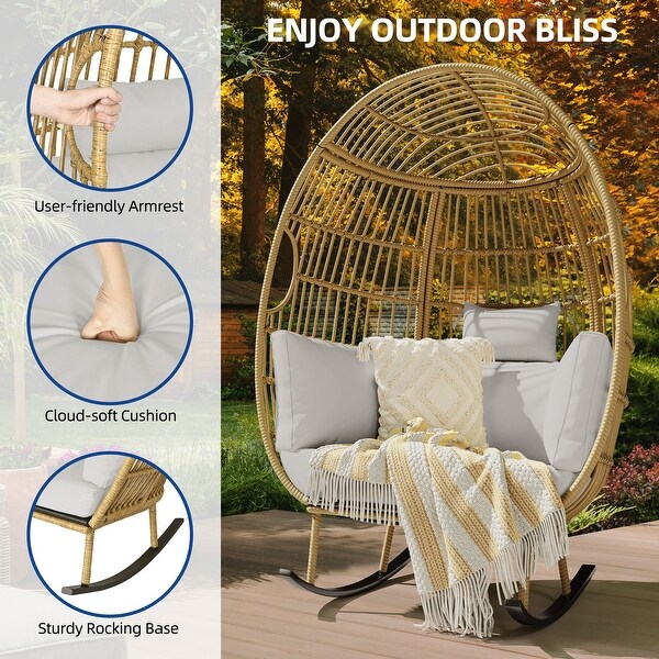 Moasis Outdoor Rocking Egg Chair，AllWeather Wicker Patio Rocking Basket Chair with Cushions