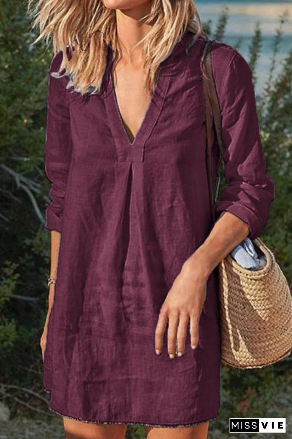 Casual Solid Split Joint V Neck A Line Dresses