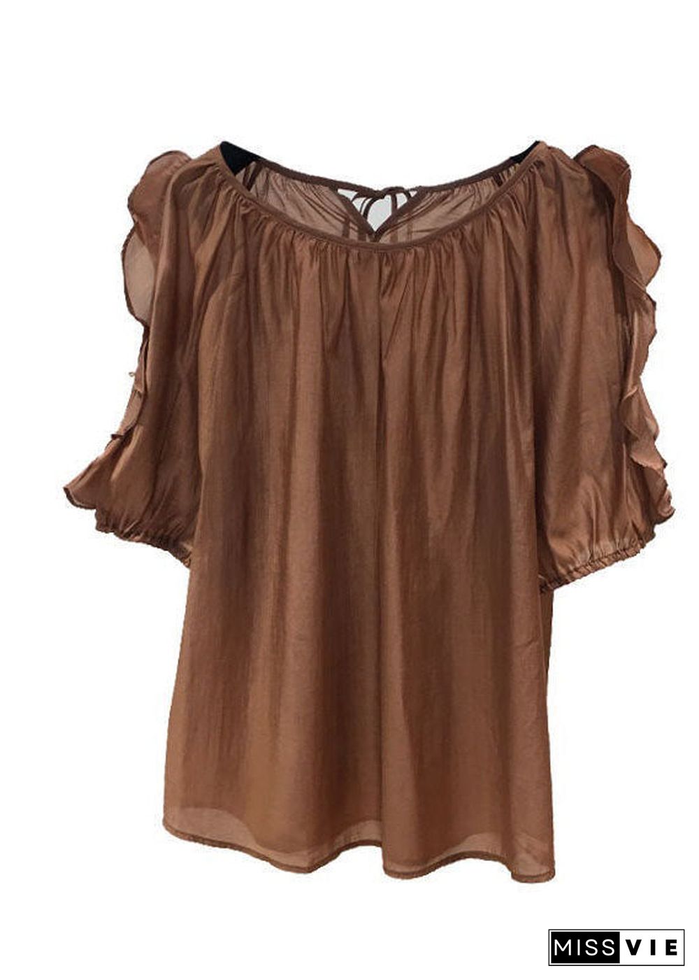 Coffee Patchwork Chiffon Shirt Tops Ruffled O-Neck Summer