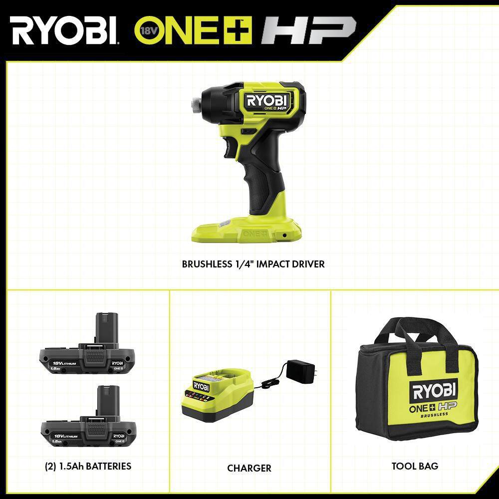 RYOBI ONE+ HP 18V Brushless Cordless Compact 14 in. Impact Driver Kit with (2) 1.5 Ah Batteries Charger and Bag PSBID01K