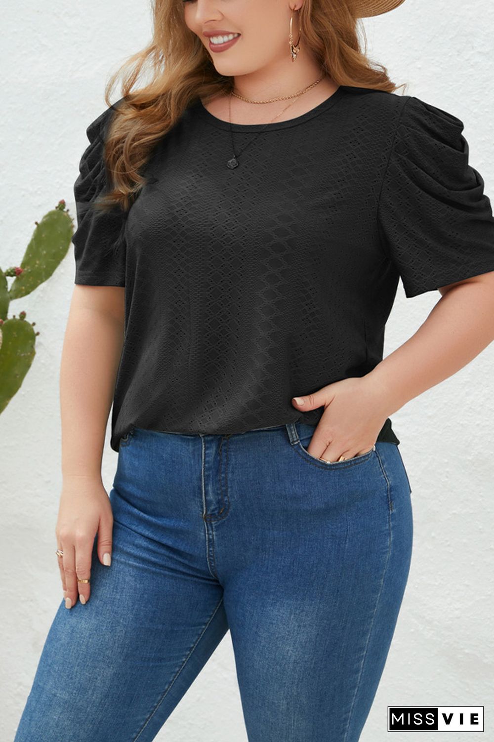 Eyelet Smocked Sleeves Plus Size Top