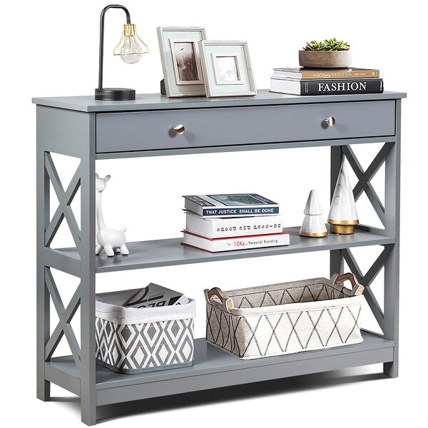 Costway 3-Tier Console Table X-Design Sofa Entryway Table with Drawer