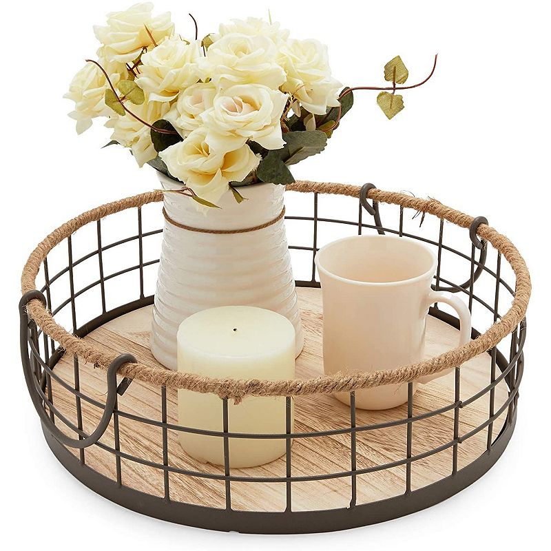 Round Wooden Wire Basket Trays with Handles， Farmhouse Decor (2 Sizes， 2 Pack)