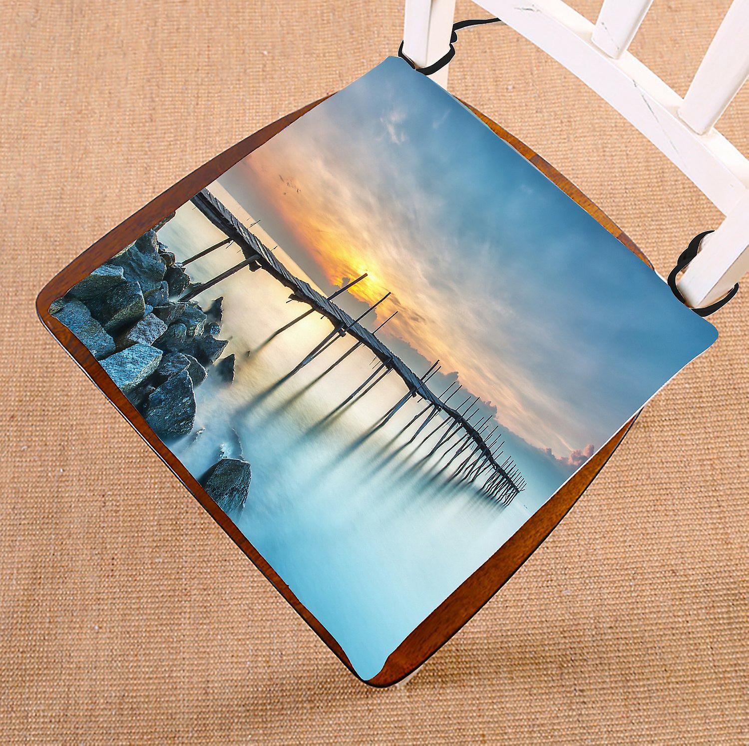 Seascape Chair Pad， Beautiful Sunrise On Wooden Bridge With Dark Yellow Rays Seat Cushion Chair Cushion Floor Cushion 45x45 Cm