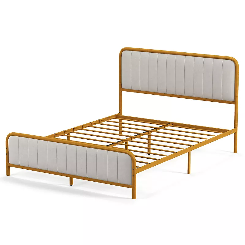 Upholstered Gold Platform Bed Frame with Velvet Headboard