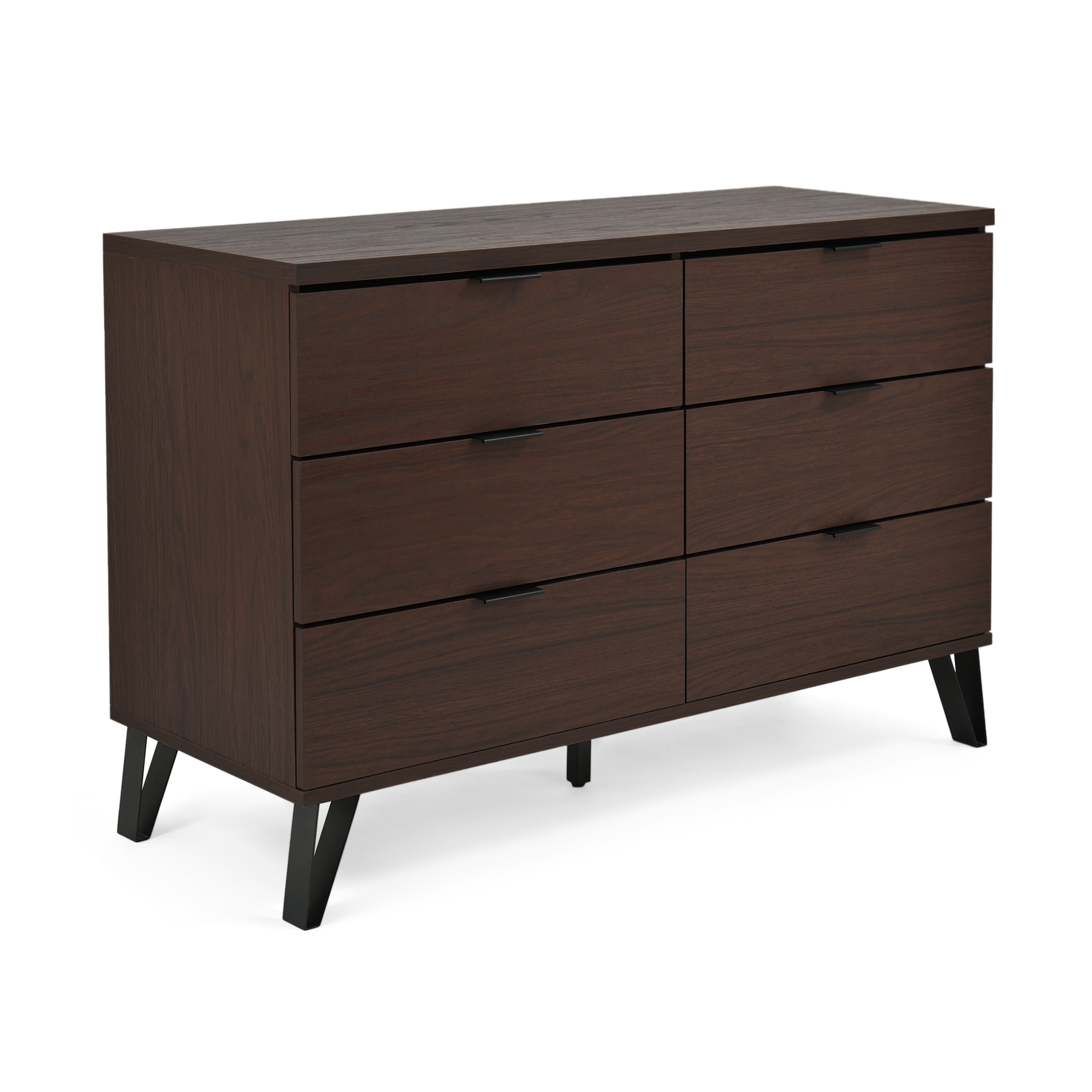 Demijen Modern Industrial 6 Drawer Double Dresser, Walnut and Matte Black