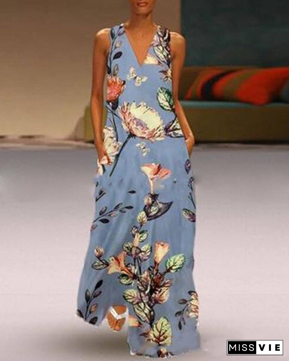 V Neck Casual Sleeveless Floral Printed Maxi Dresses