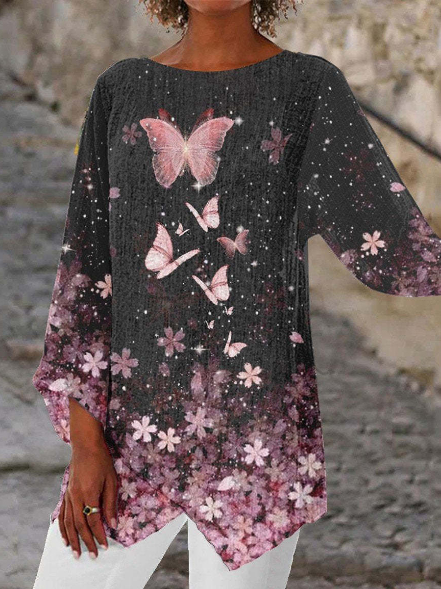 Casual Butterfly Print Round Neck Long Sleeve Blouse