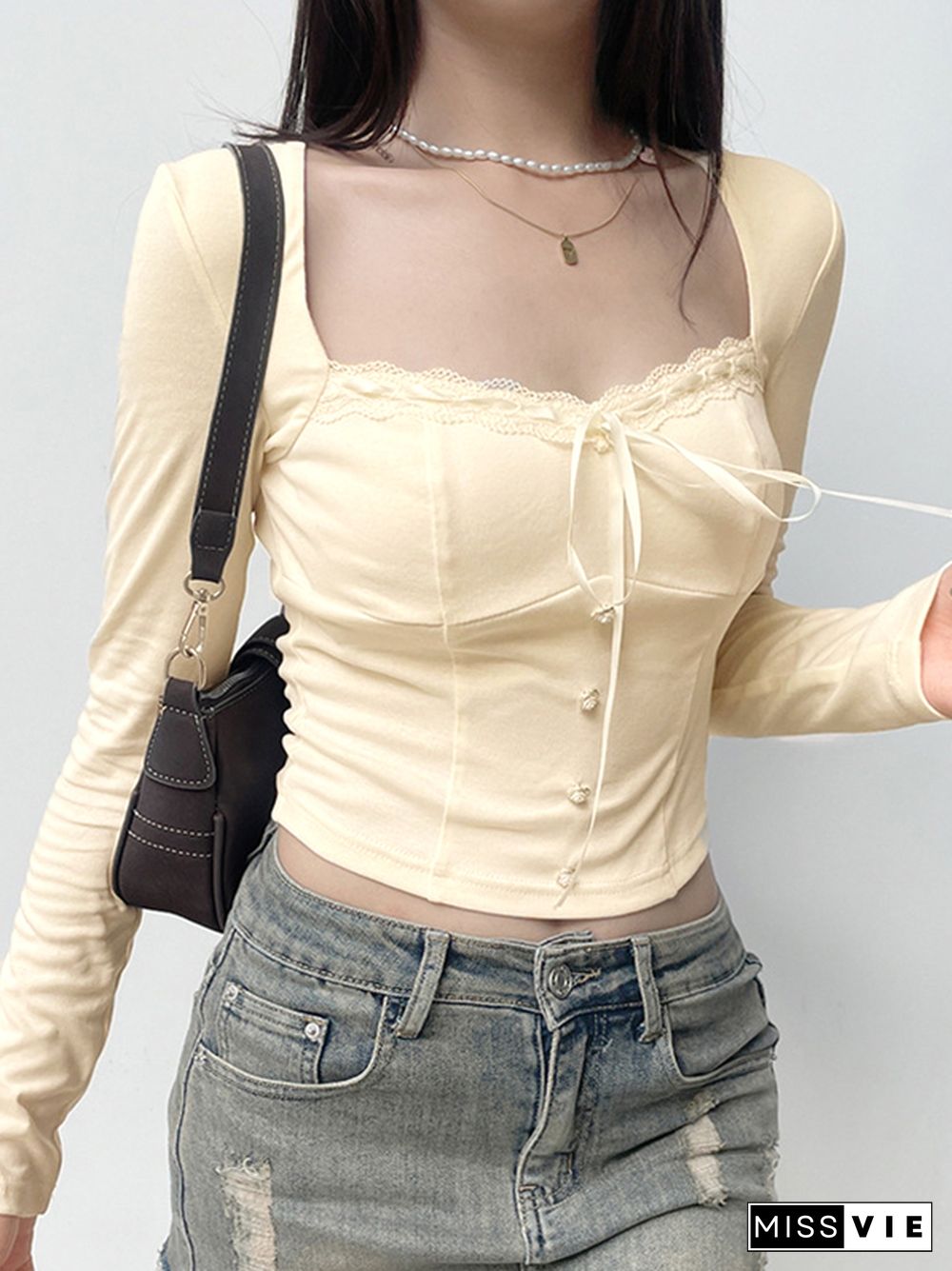 Square Neck Lace Splice Tie Front Long Sleeve Tee