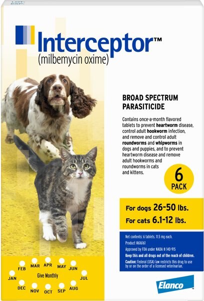 Interceptor Chewable Tablet for Dogs， 26-50 lbs， and Cats， 6.1-12 lbs， (Yellow Box)