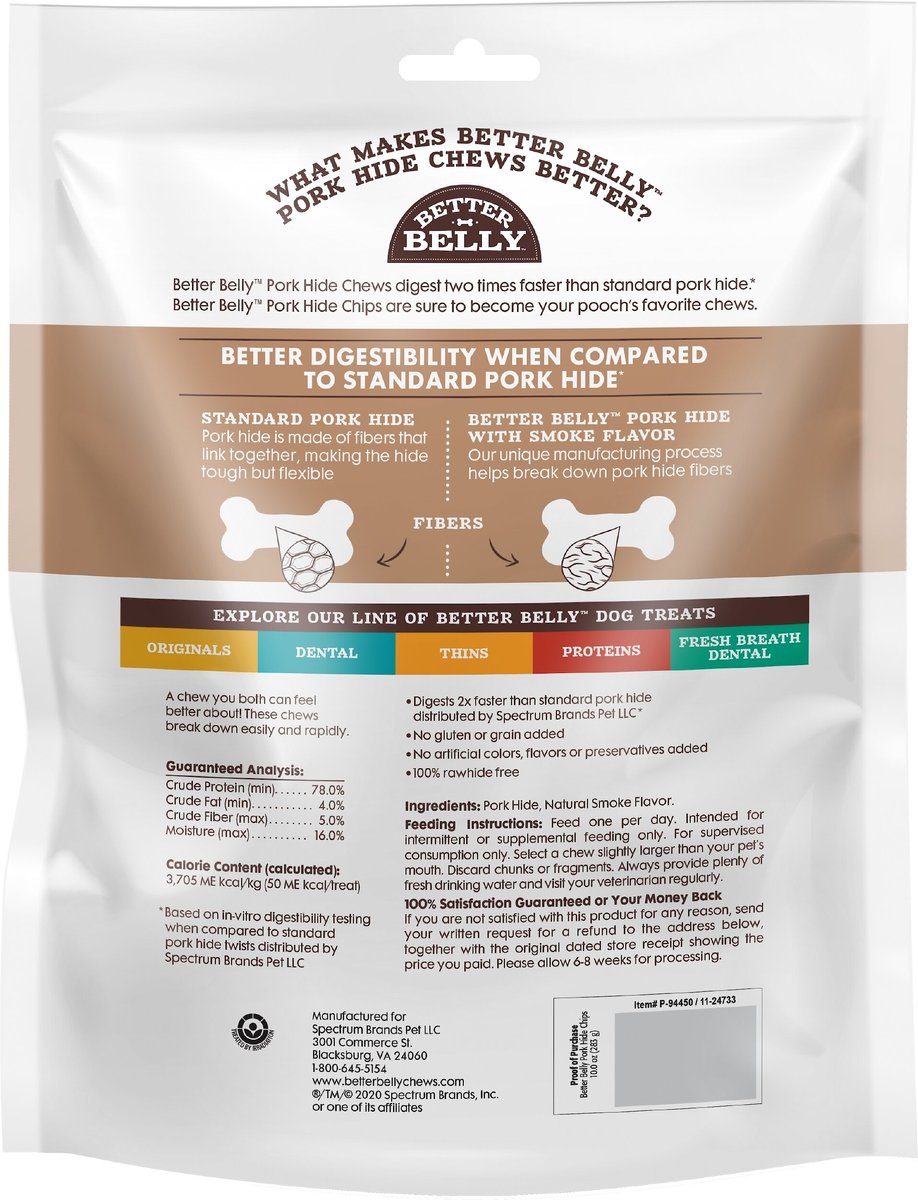 Better Belly Pork Hide Smoke Flavor Chips Dog Treats， 10-oz bag