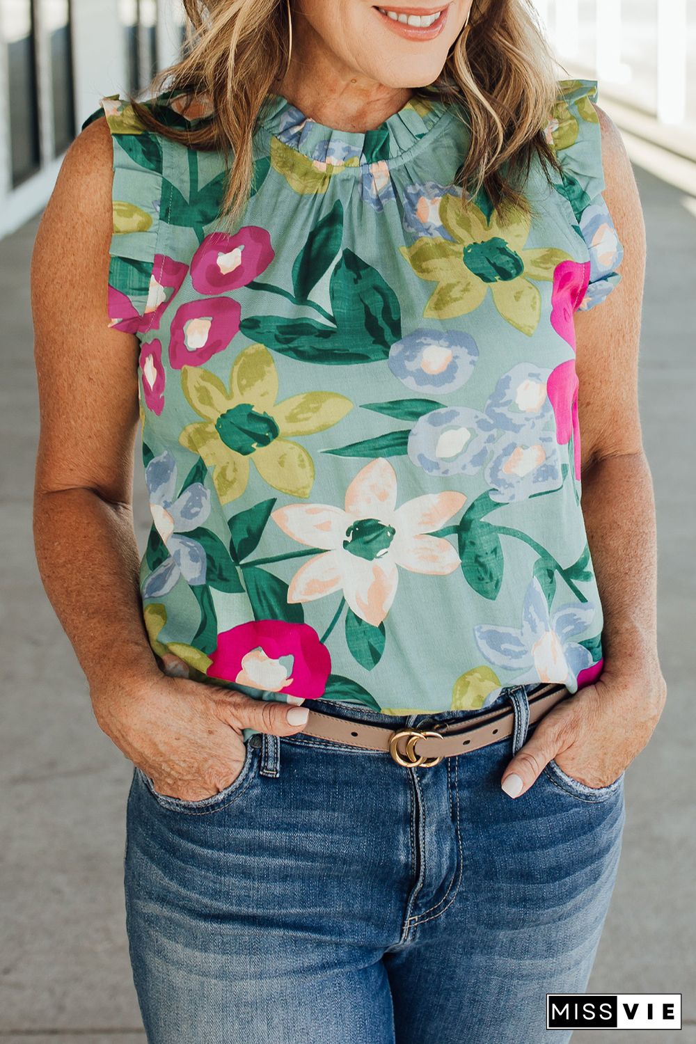 Green Floral Print Ruffle Trim Tank Top