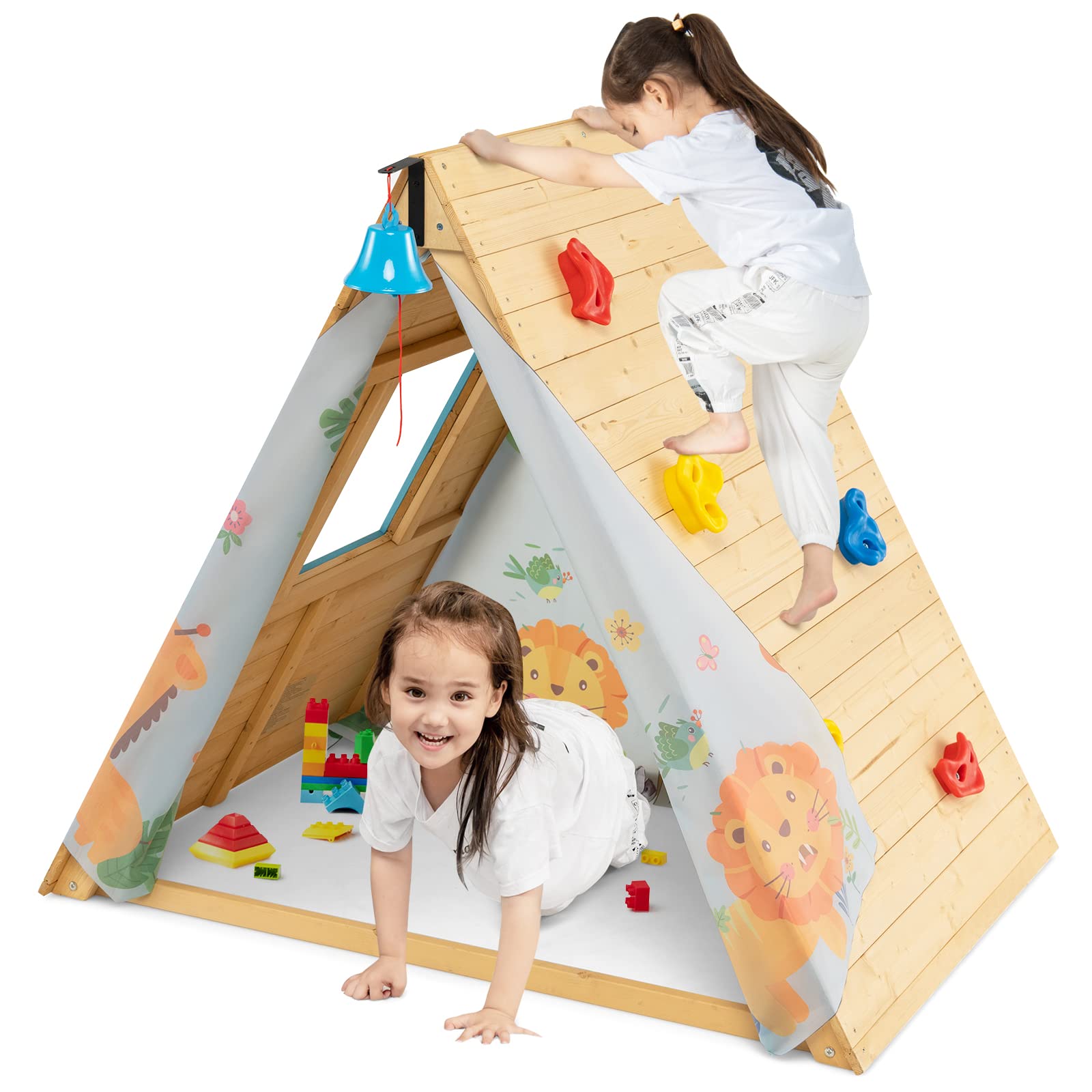 Costzon Climbing Toys for Toddlers, Montessori Wooden Triangle Climber Play Tent