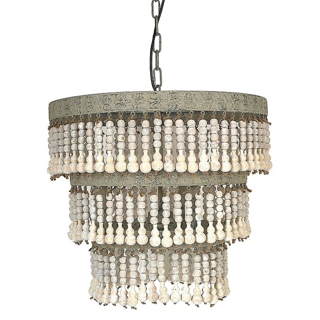 3 tier Round Metal Chandelier With 3 Lights And Hanging Wood Beads Cream Storied Home