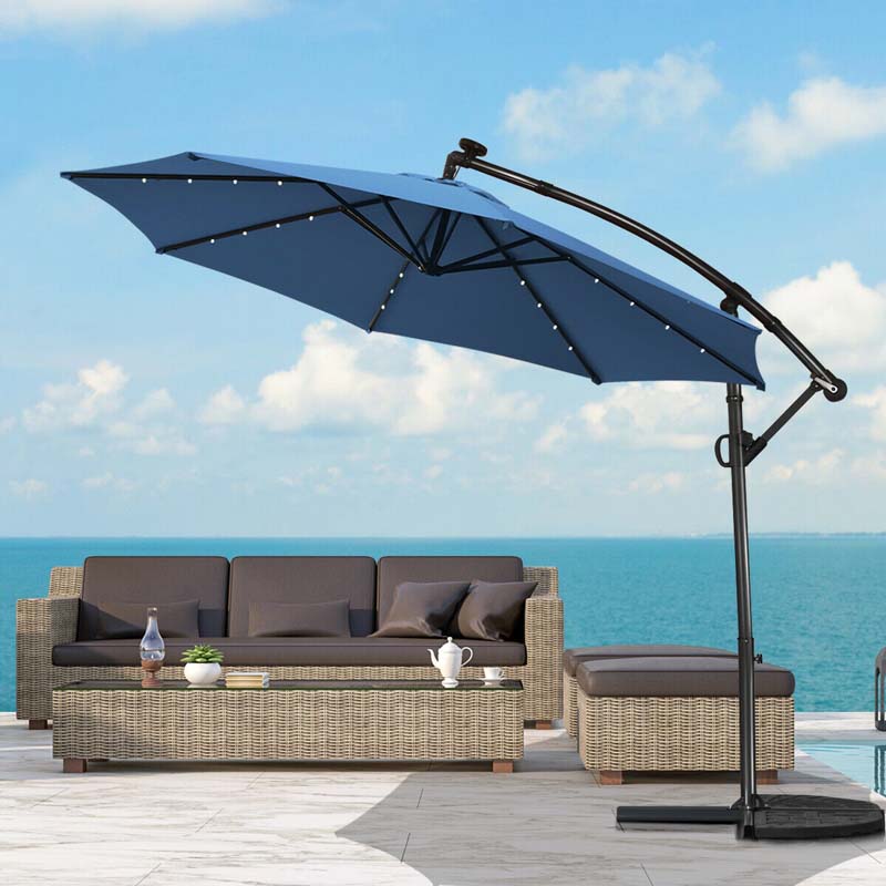 10 FT Patio Offset Umbrella with Solar Lights 360° Rotation Outdoor Market Umbrella with Crank Handle & Cross Base