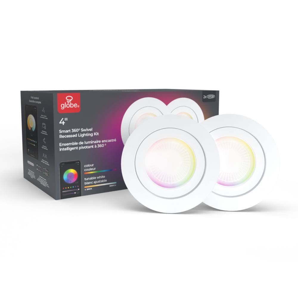 Globe Electric Wi-Fi Smart 4 in. Swivel LED Recessed Lighting Kit 2-Pack Multi-Color Changing RGB Tunable White Wet Rated 50467