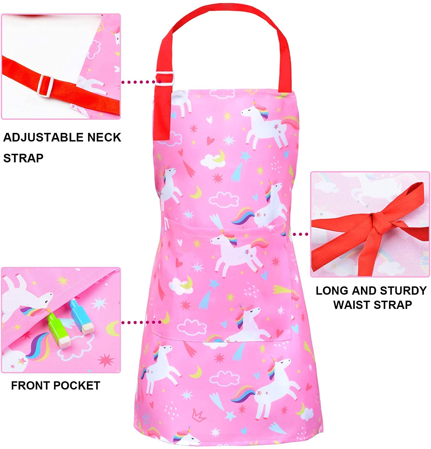 Sylfairy Aprons for Kids Girls with Hat and Big Pocket Kitchen Chef Aprons Smock for Cooking Baking and Gardening (Pink+Rose Red， S， 3-5Years)