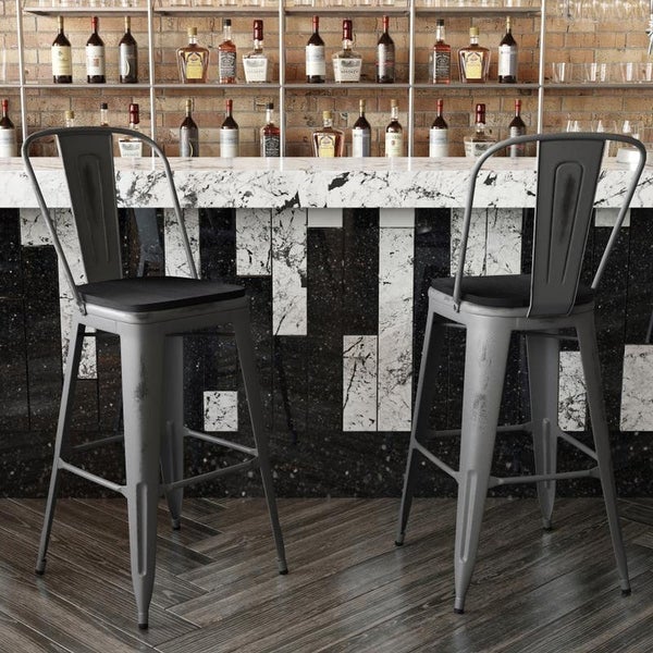 Flash Furniture Lincoln 30'' Barstool with Back and Black Wood Seat - 17.75