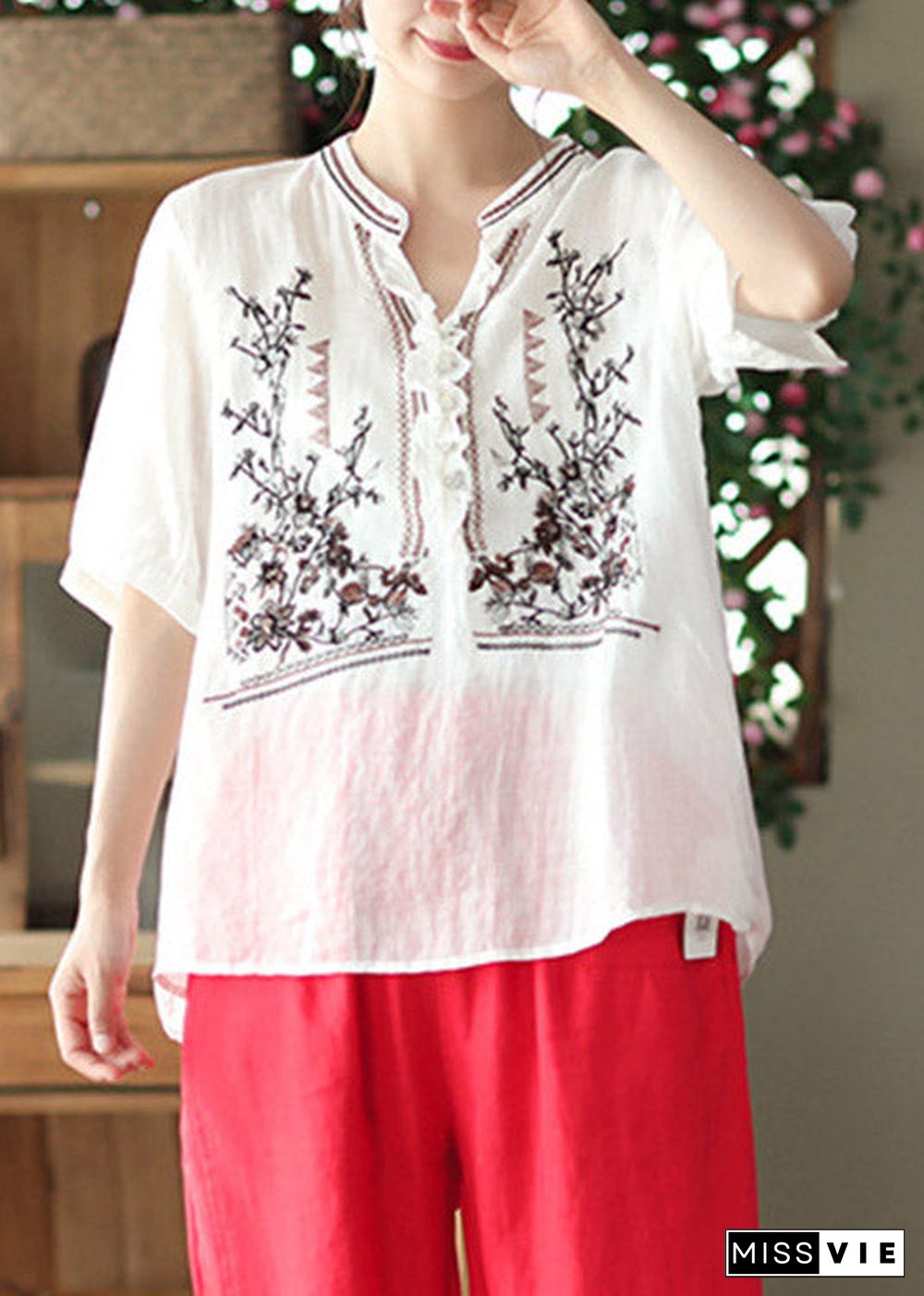 White Ruffled Button Linen T Shirt Short Sleeve