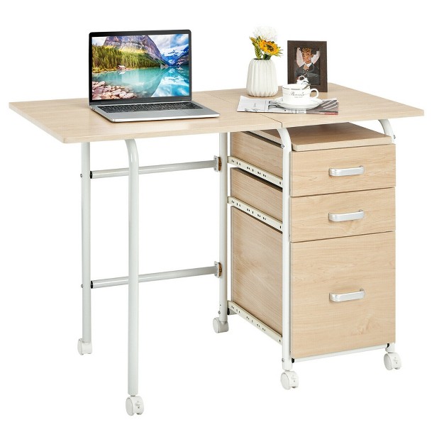 Costway Folding Computer Laptop Desk Wheeled Home Office Furniture W 3 Drawers Brown natural