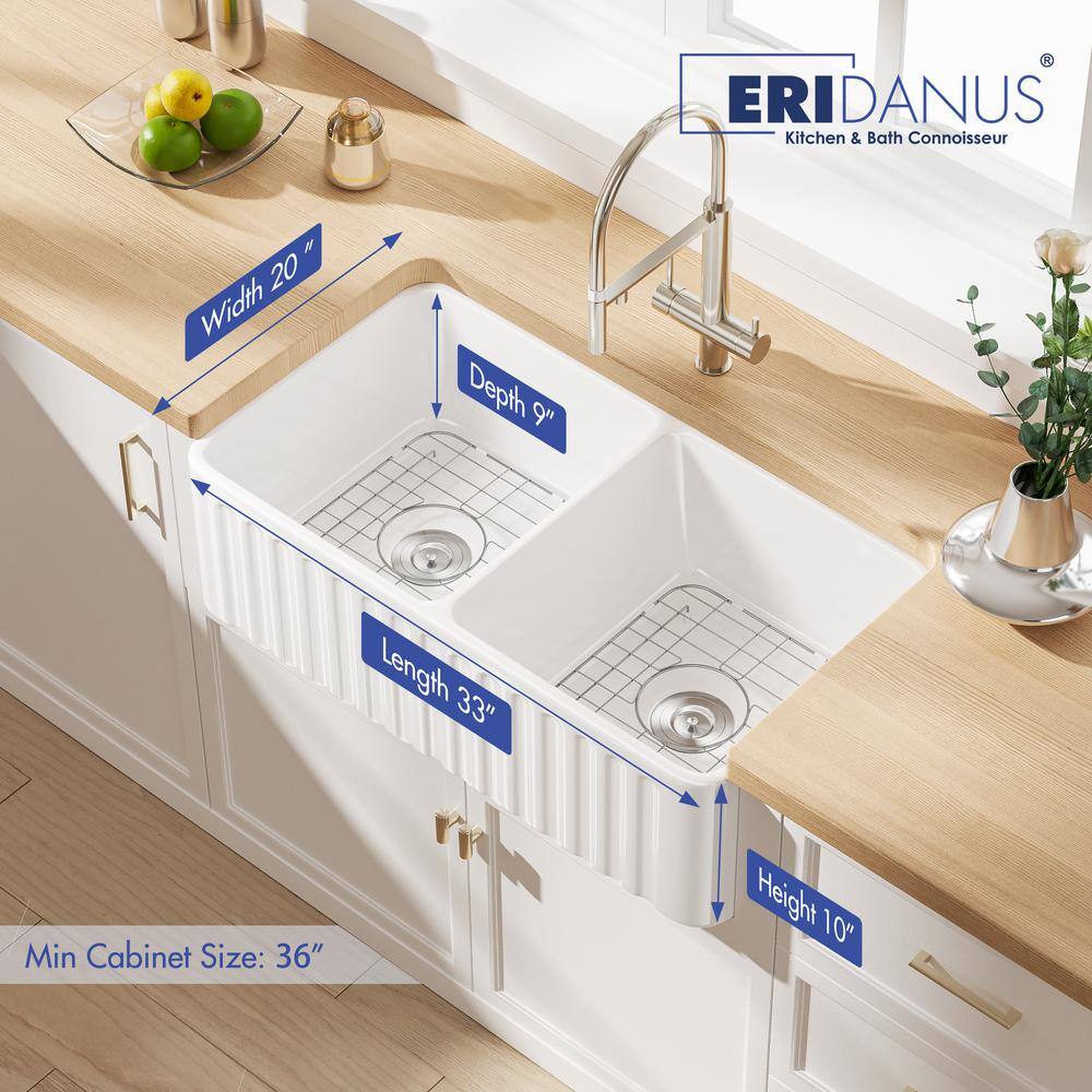 Eridanus Brooklyn Crisp White Fireclay 33 in. Double Bowl Farmhouse Apron Kitchen Sink with Bottom Grid ERI-FS-116D