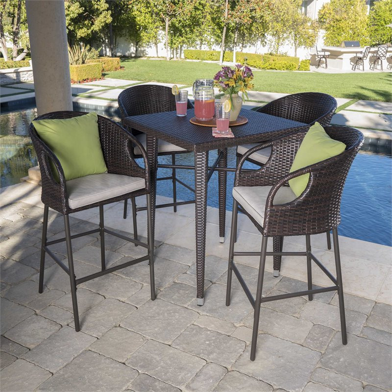 Noble House Dominica 5Pc Multi Brown Wicker Square Bar Set w/Light Brown Cushion   Tropical   Outdoor Pub And Bistro Sets   by Homesquare  Houzz