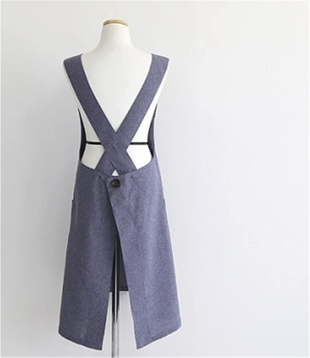 Chef Works Handmade Apron Japanese Style X Button Shape Denim Smock Natural Linen Apron-blue Color (blue)