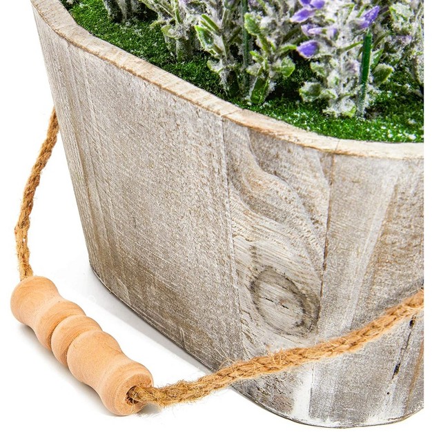 Artificial Lavender Fake Flower Plant In Rustic Oval Wooden Box For Decorations