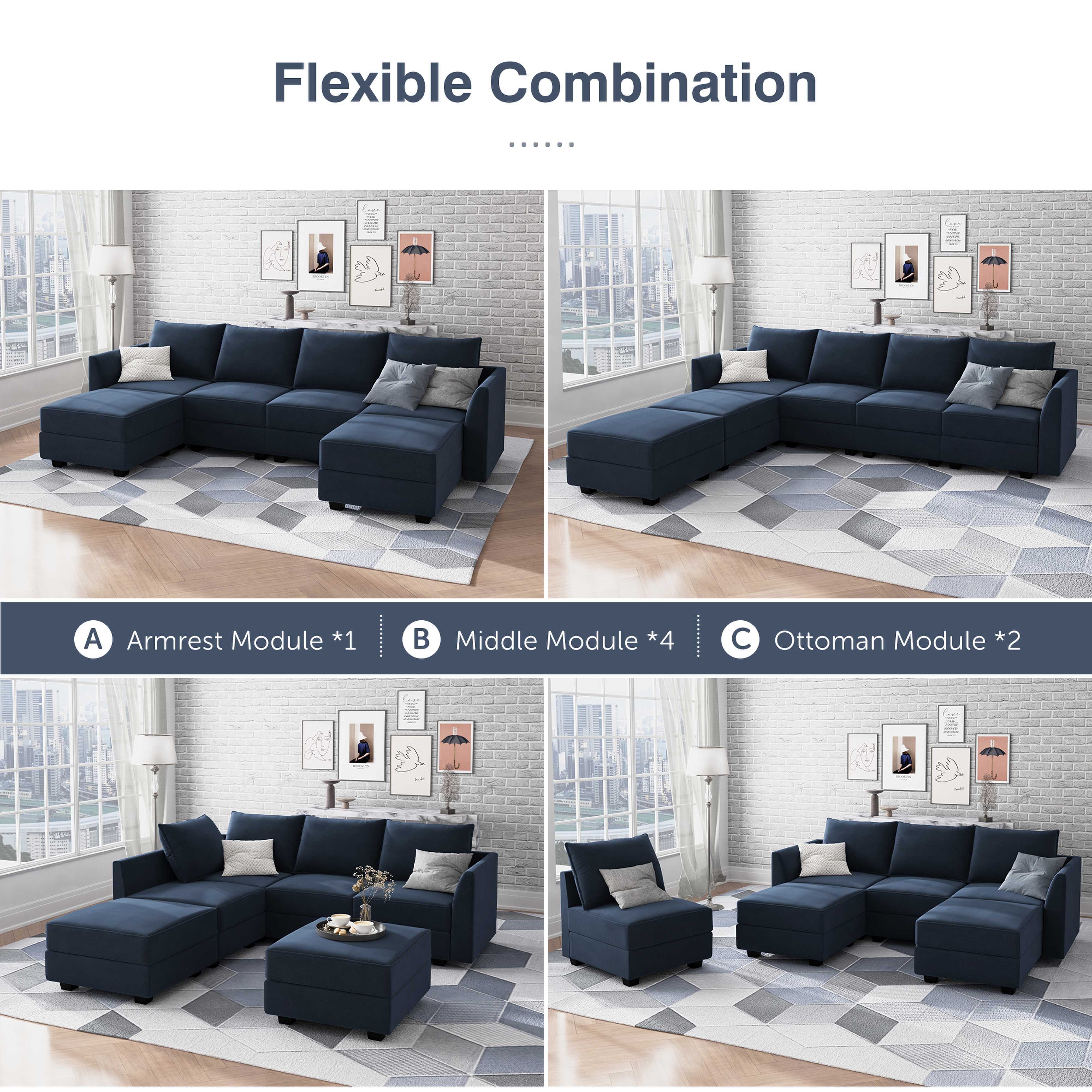 HONBAY Velvet Upholstered Sectional Sleeper Sofa with Storage Ottomans, Navy Blue