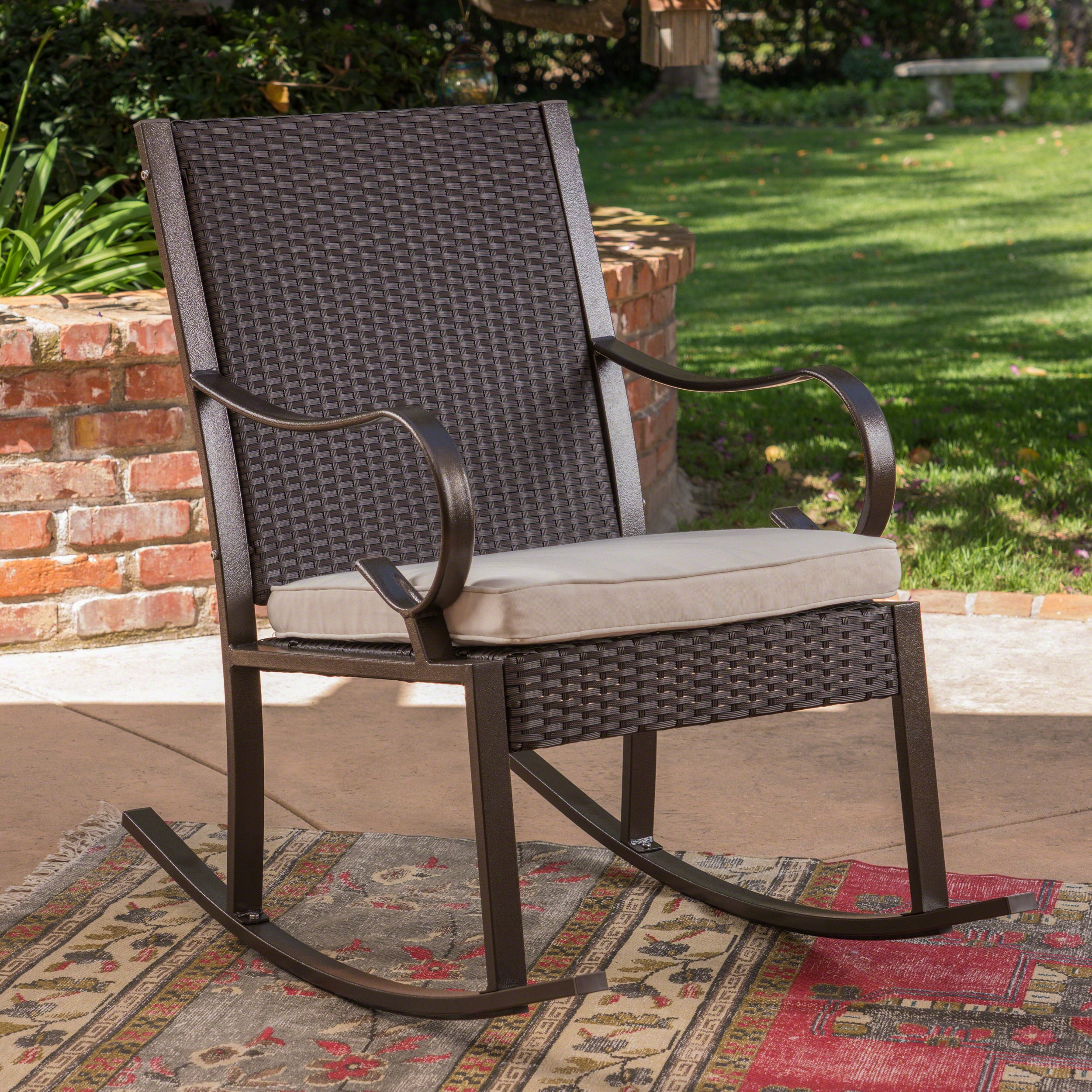 Outdoor Wicker Rocking Chair with Cushion, Cream, Dark Brown