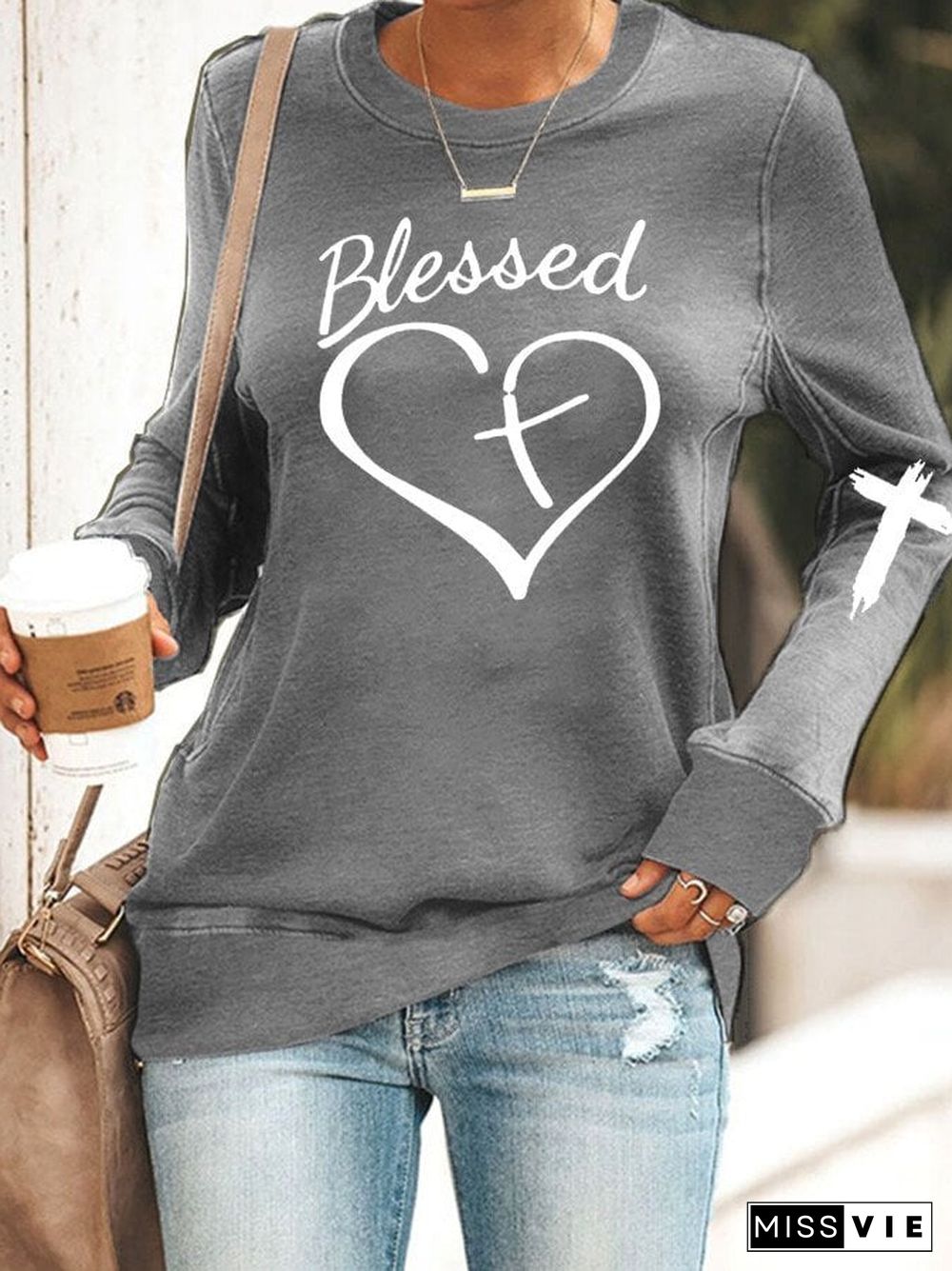 Women's Blessed Love Heart Print Casual Sweatshirt