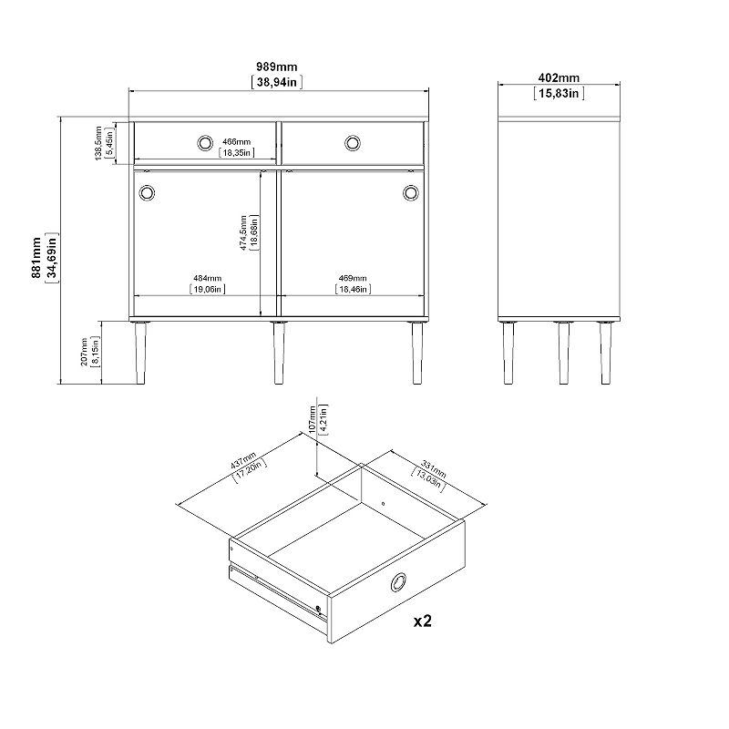 Tvilum 2 Drawer Sideboard with 2 Sliding Doors