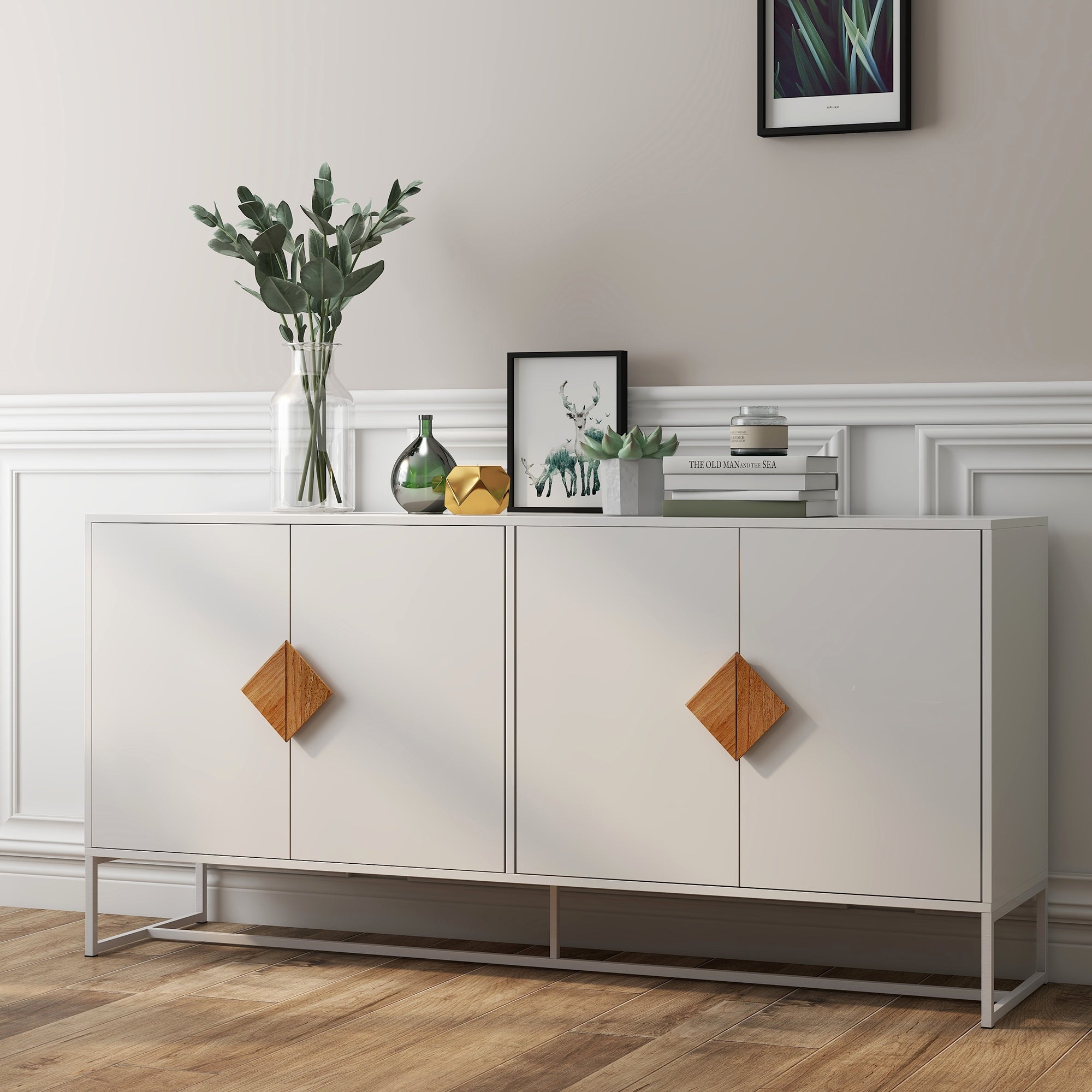 White Wood Entryway Console Table Storage Sideboard with 4-door