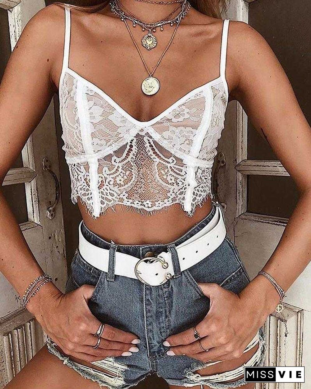 Adjustable Spaghetti Strap Embroidery Lace Bustier Cami Bra Top