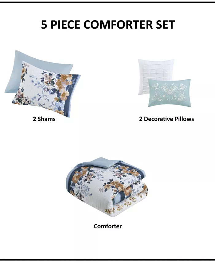 Madison Park Jules Cotton Floral 5-Pc. Comforter Set， Full Queen