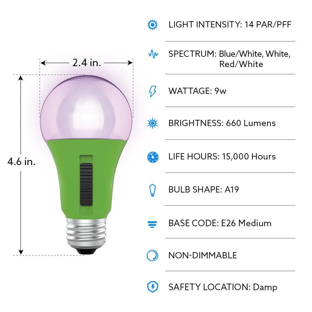 Feit Electric 9-Watt A19 Selectable Spectrum for SeedingGrowingBlooming Indoor Greenhouse Plant E26 LED Grow Light Bulb (1-Bulb) A19ADJGRWLEDHDRP