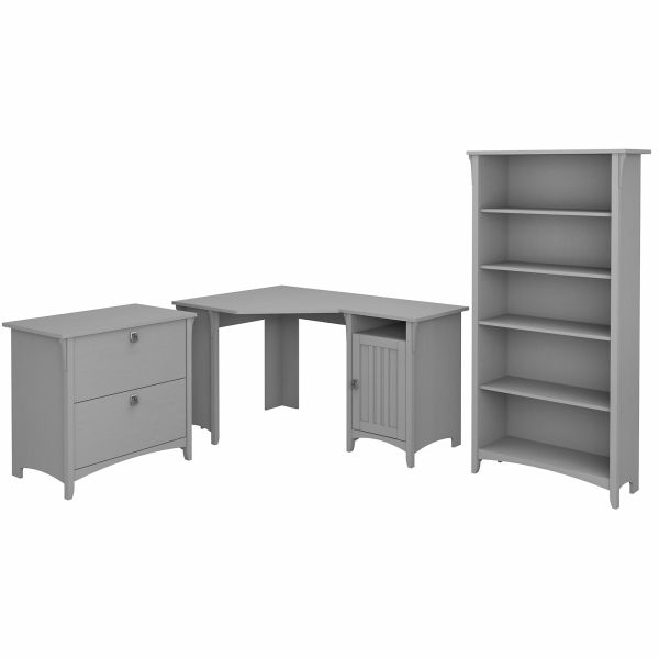 Bush Furniture Salinas 55W Corner Desk with Lateral File Cabinet and 5 Shelf Bookcase in Cape Cod Gray