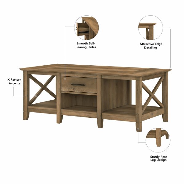 Bush Furniture Key West Tall TV Stand with Coffee Table and Set of 2 End Tables in Reclaimed Pine