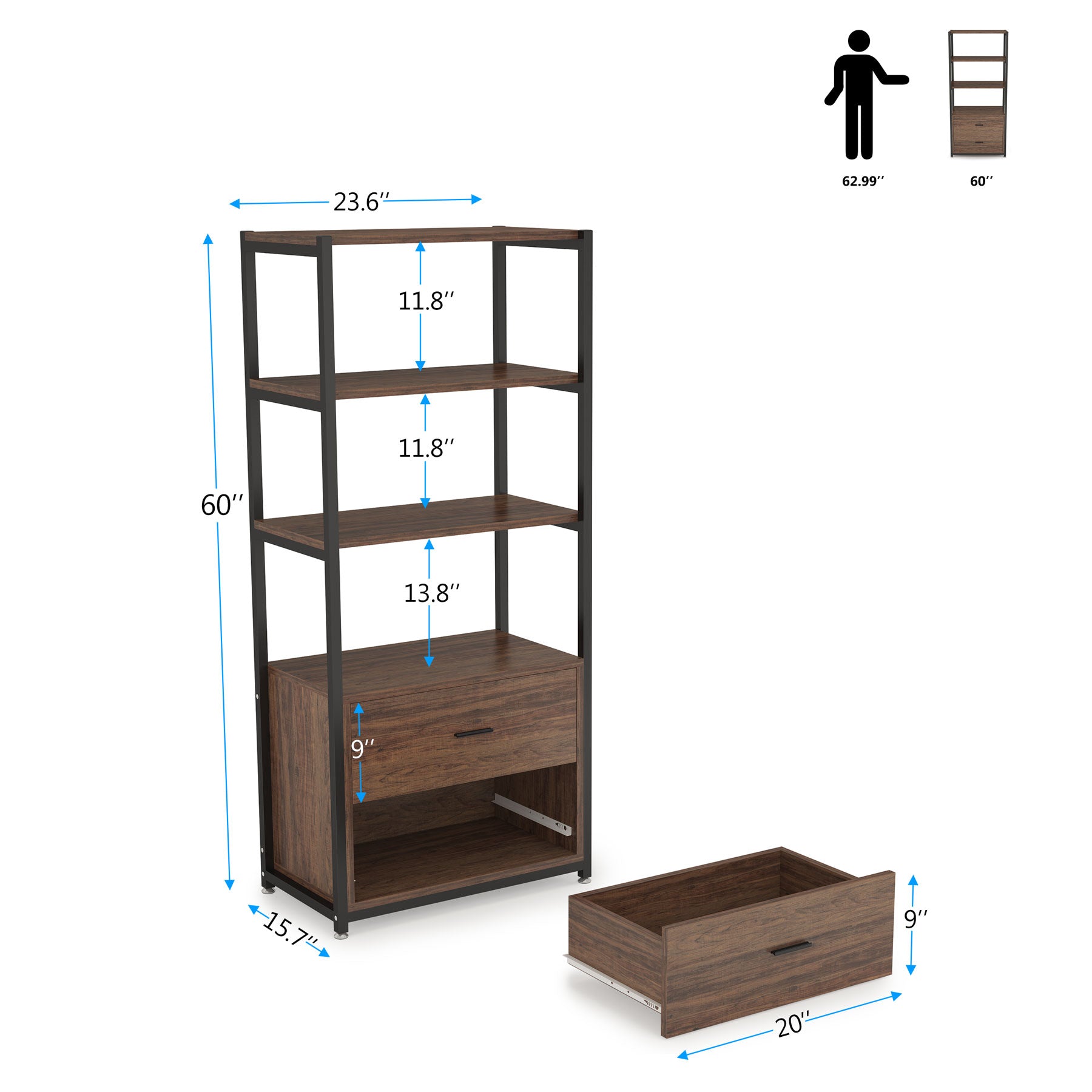 4-Tier Bookshelf Etagere Display Bookcase with 2 Drawers