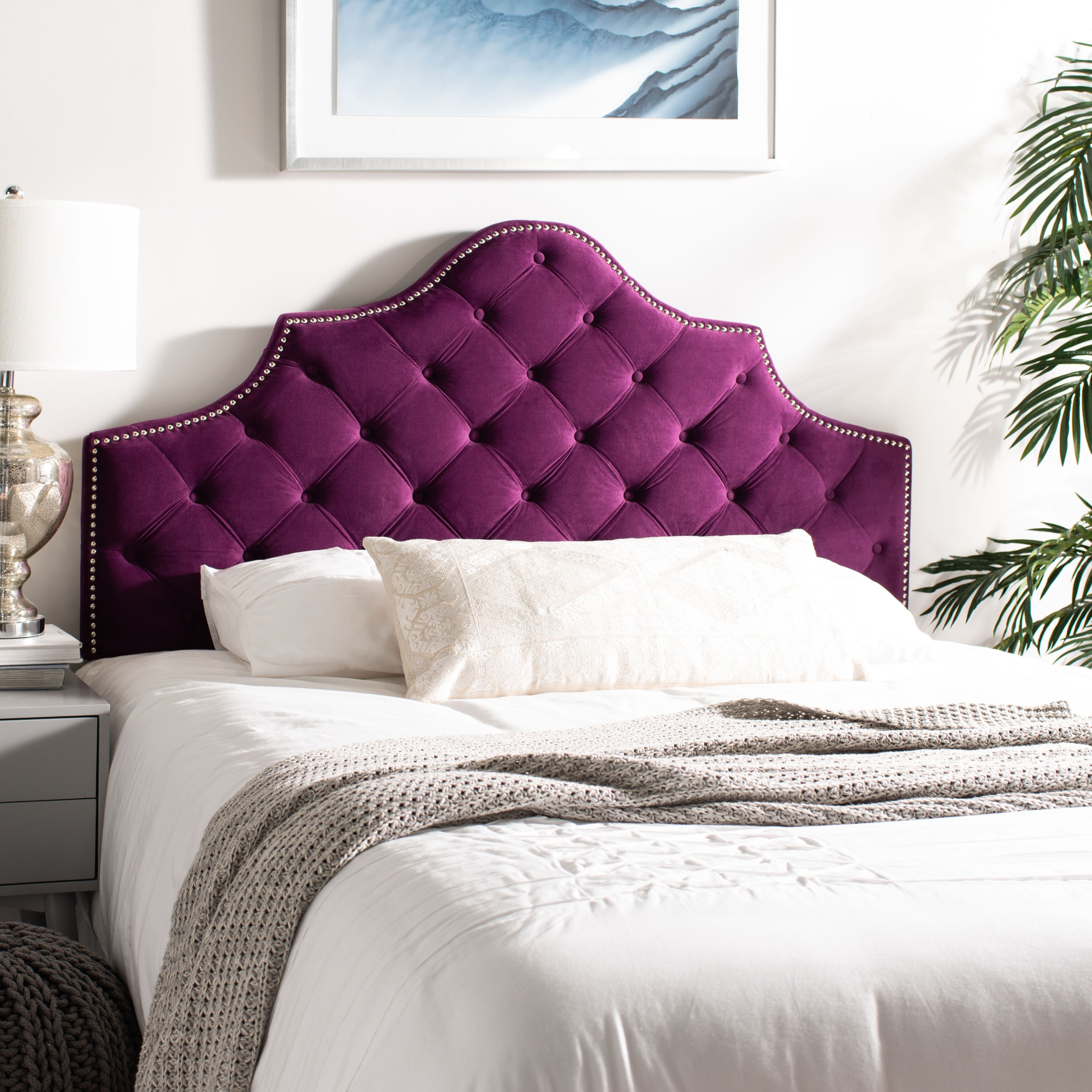 SAFAVIEH Arebelle Aubergine Velvet Upholstered Tufted Headboard - Silver Nailhead (Queen) - - 11551738