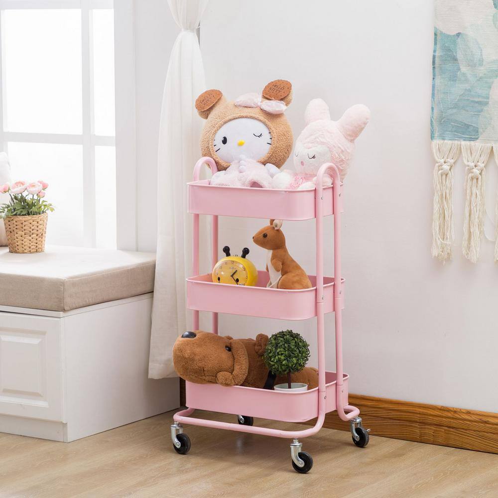 Huluwat 3-Tier Metal 4-Wheeled Shelves Storage Drawer Cart in Pink RY-G-USBO4505