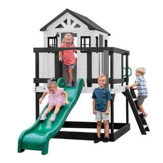 Backyard Discovery Sweetwater Heights Indoor Outdoor All Cedar Wooden White Elevated Playhouse with Clubhouse Ladder and Slide 2303027COM