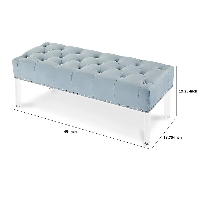 Bernard 49 Inch Velvet and Button Tufted Bench， Light Blue