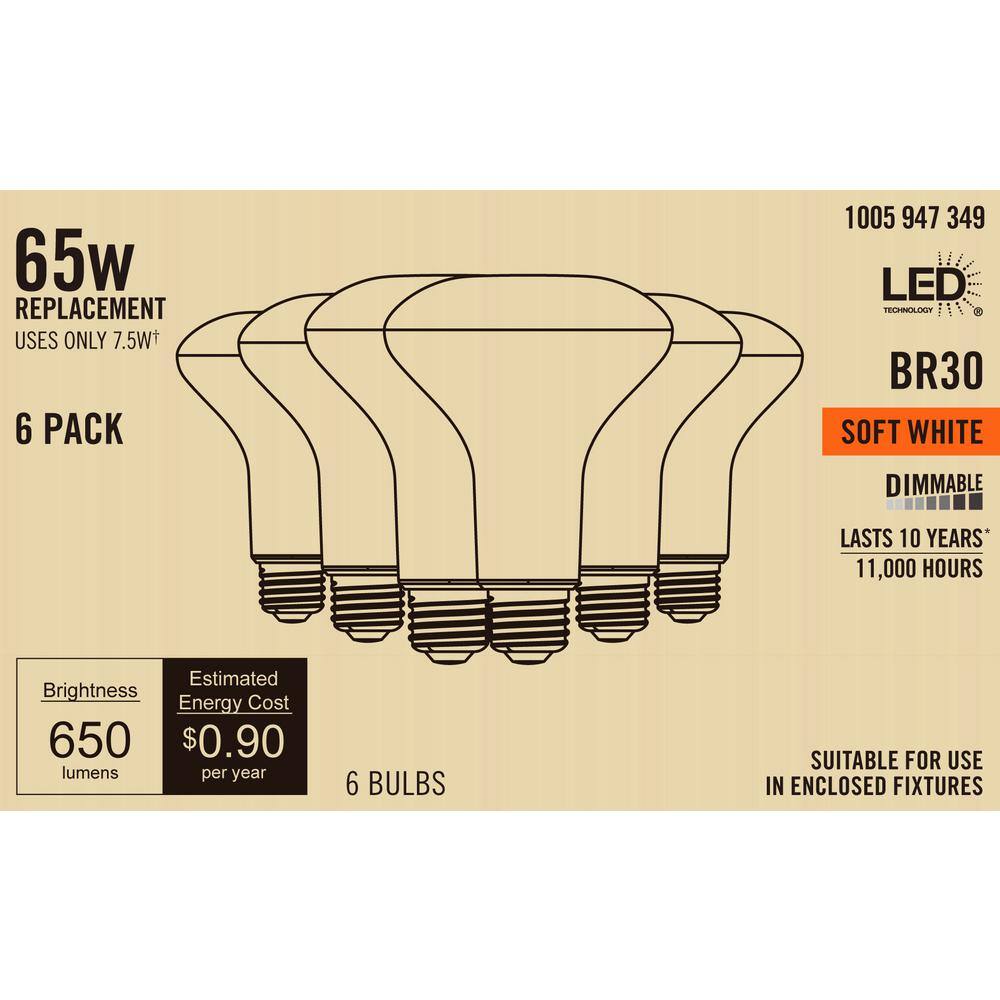 65-Watt Equivalent BR30 Dimmable Flood LED Light Bulb Soft White (6-Pack) A20BR3065WT2026